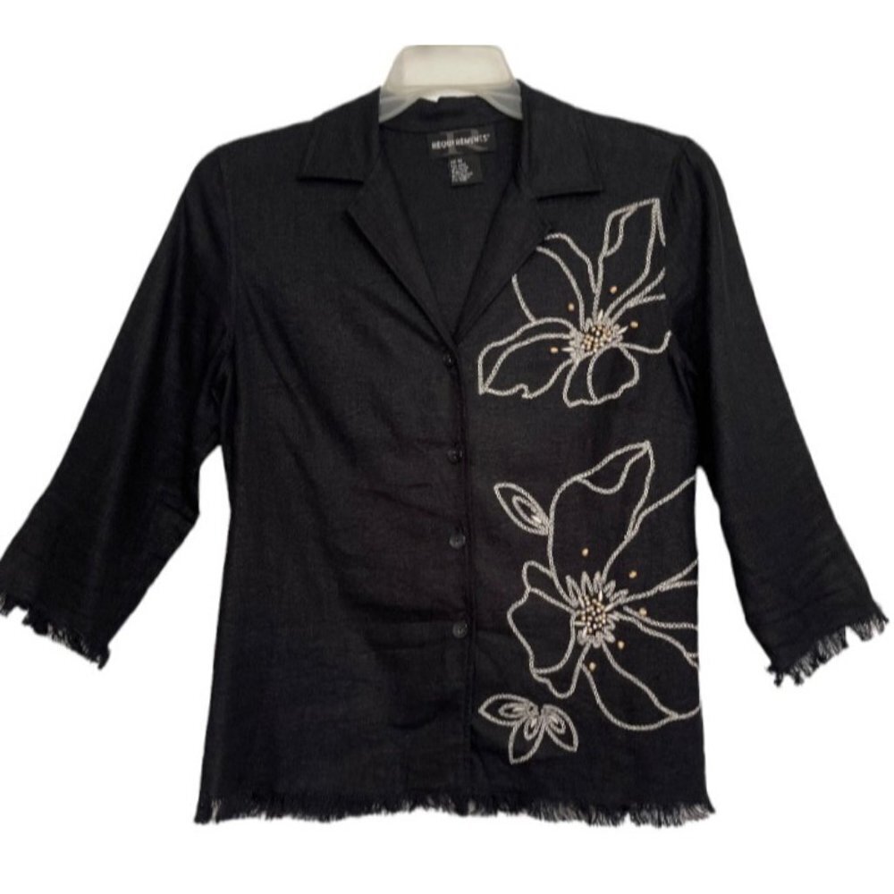 REQUIREMENTS Women's Linen Blend Black Beaded Button Blouse Medium‎ Embroidery